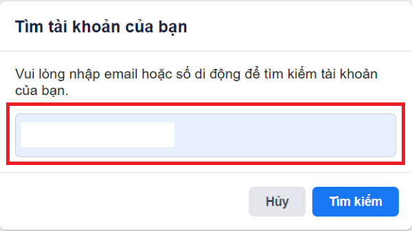 Điền email hoặc số điện thoại để tìm tài khoản facebook