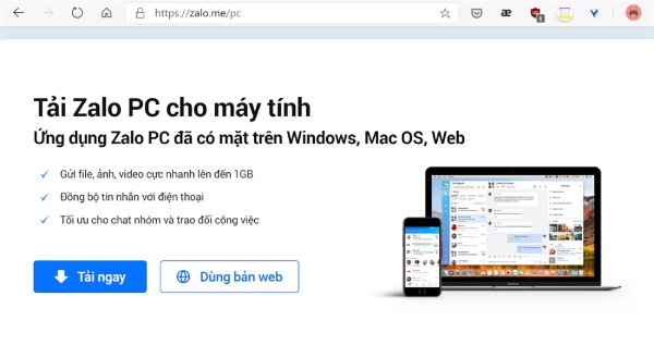 Tải Zalo PC và chọn mục Tải ngay