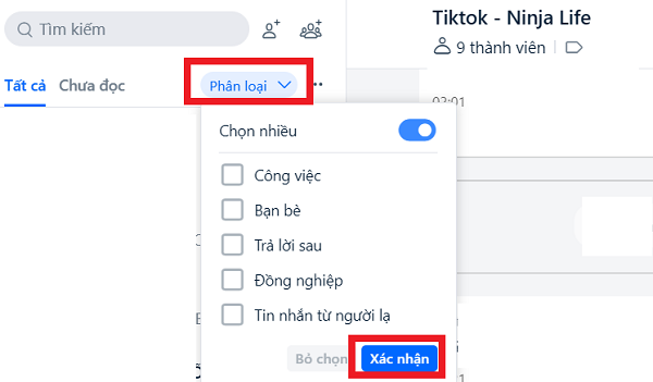 Chọn vào phân loại để xem tổng hợp các cuộc trò chuyện