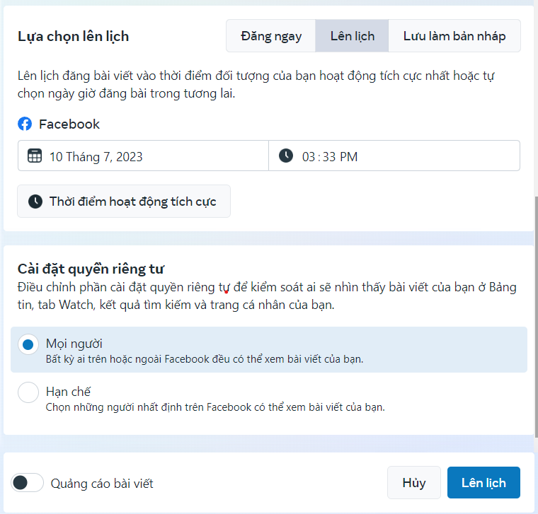 Lên lịch đăng bài trên page bằng máy tính