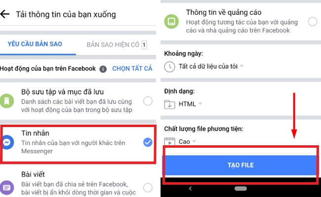 Bước 3: Tạo tệp tin chứa tin nhắn trên Facebook Messenger