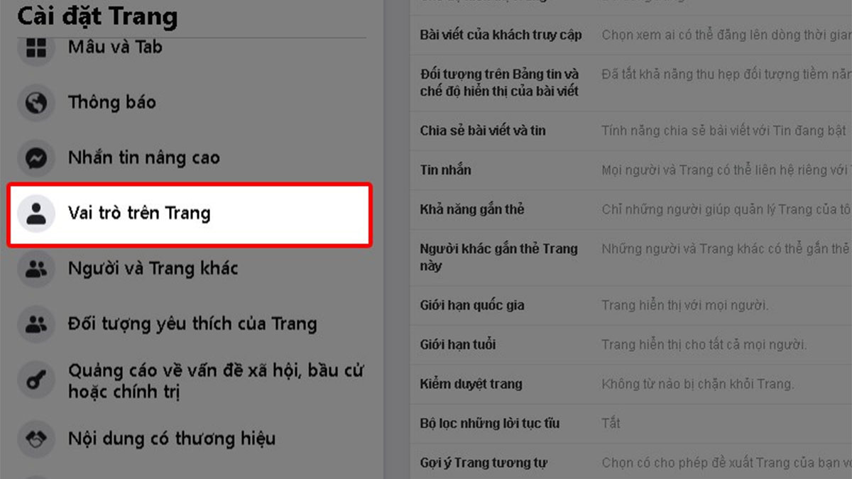 Click vào mục Vai trò trên trang