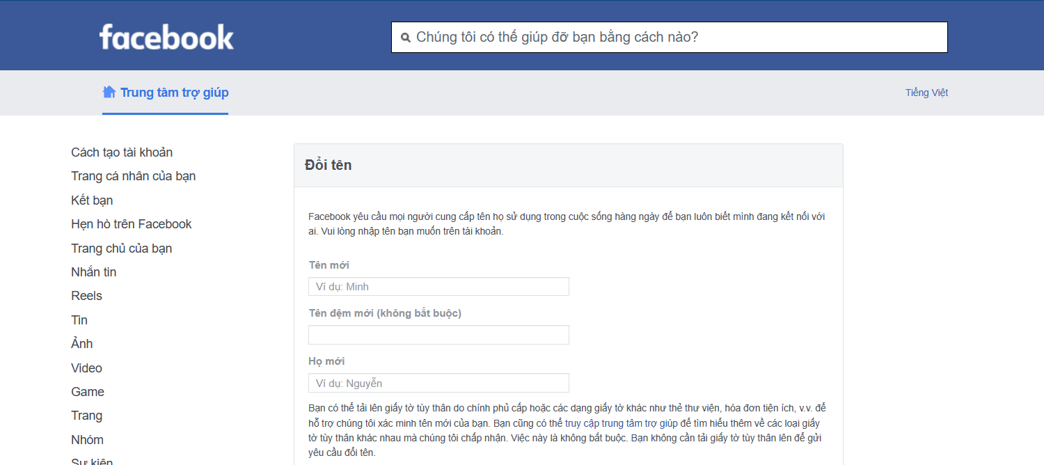 Các bước thực hiện đổi tên tài khoản bằng link 333 facebook