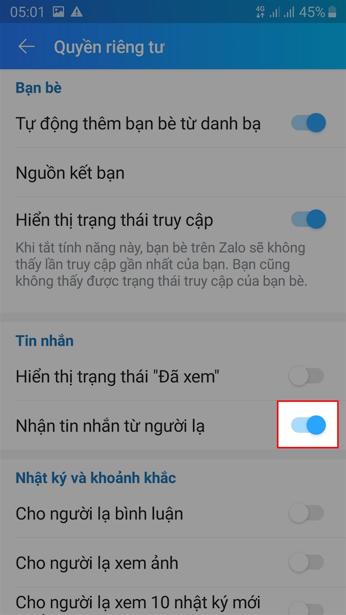 Tắt Nhận tin nhắn từ người lạ